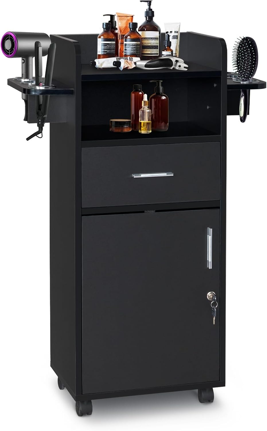 Beauty Salon Trolley Cart with 6 Tool Holders, 1 Drawer | Lockable Salon Cabinet with 360° Wheels, Mobile Salon