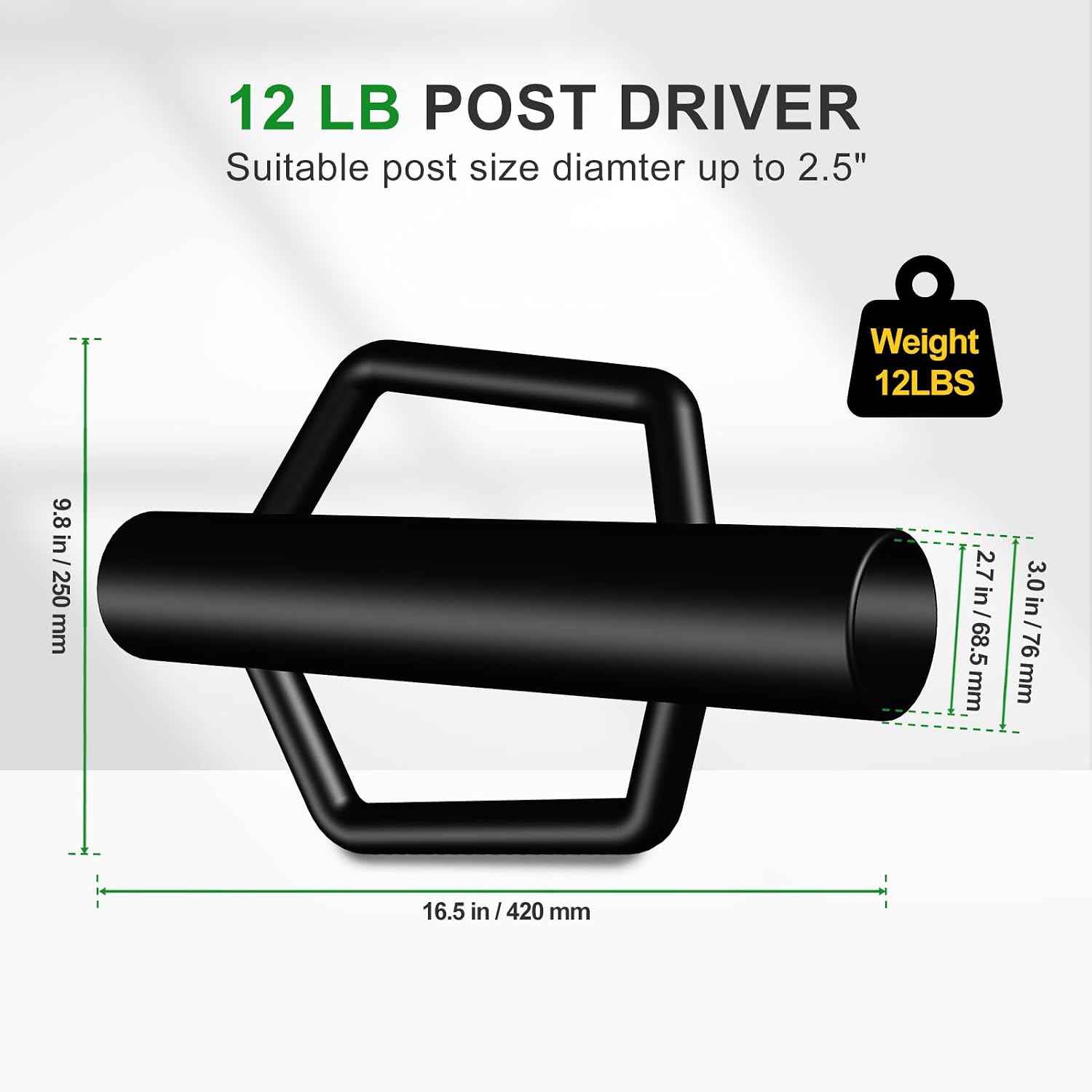 Fence Post Driver with Handle 12LB, T Post Pounder for Wire Fencing, Black