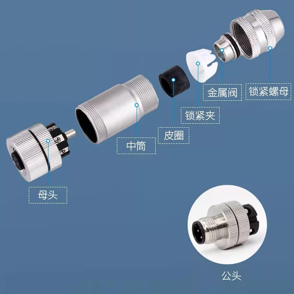 M12 6 Pin Female Connector, Screw, A-Coded, Power 30V 2A, Waterproof, Shielded, Metal Circular, 12mm Locking Thread for Industrial Automation Sensor, 2pcs