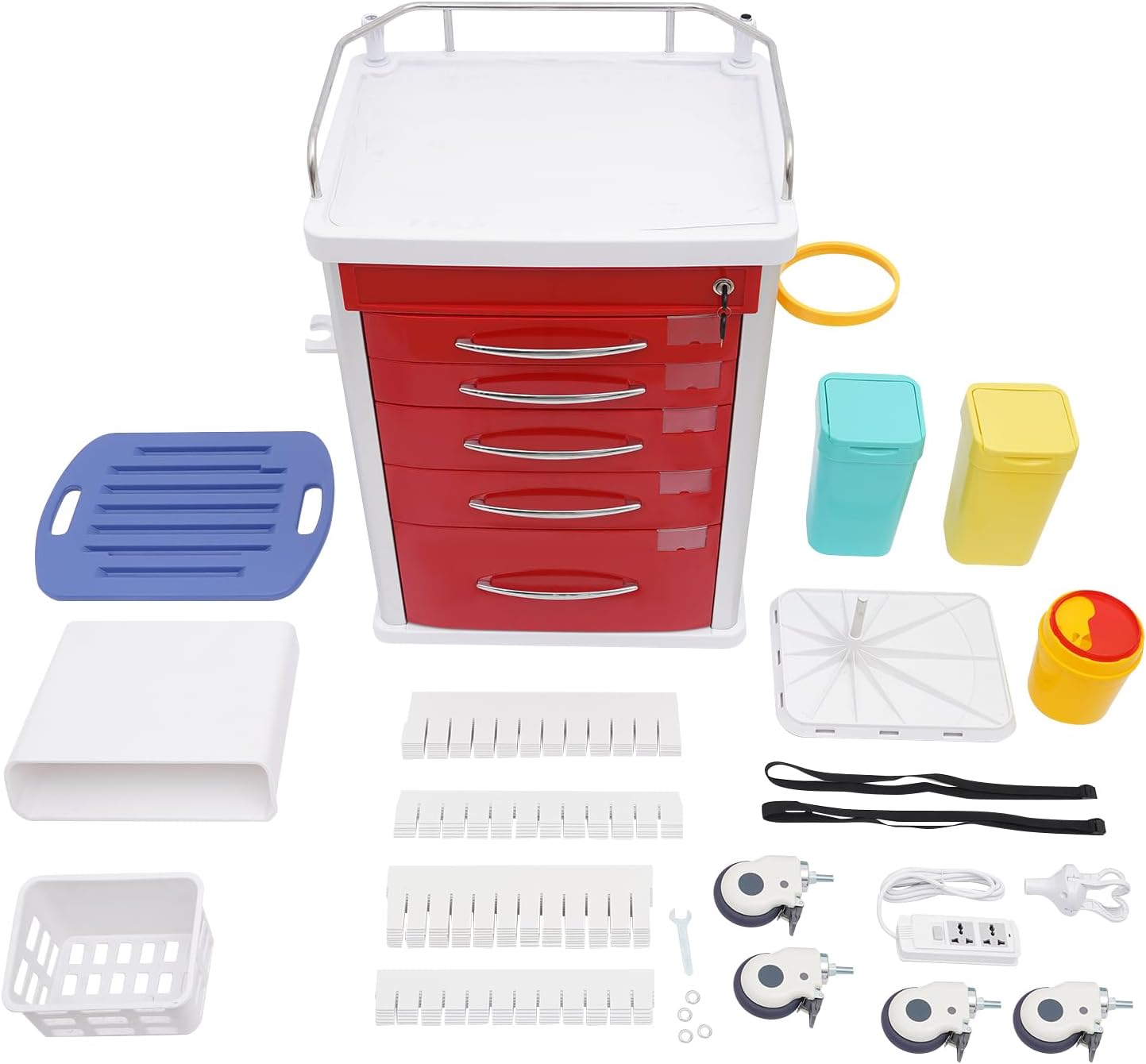 Medical Rolling Crash Cart with 5 Drawers, ABS & Aluminum, 176 lbs Capacity, Includes CPR Board, IV Pole & Power