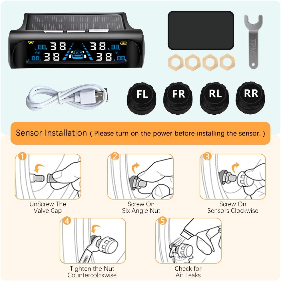 Tire Pressure Monitoring System - TPMS Tire Pressure Monitor System with Solar Charger, TPMS with 4 External sensors