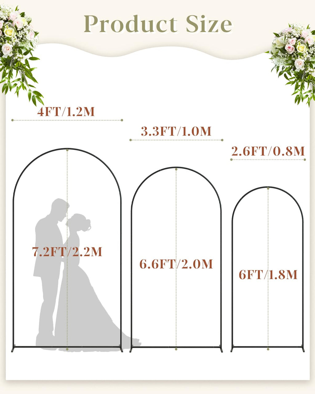 Wedding Arch, Metal Arch Backdrop Stand, Black, 7.2FT, 6.6FT, 6FT