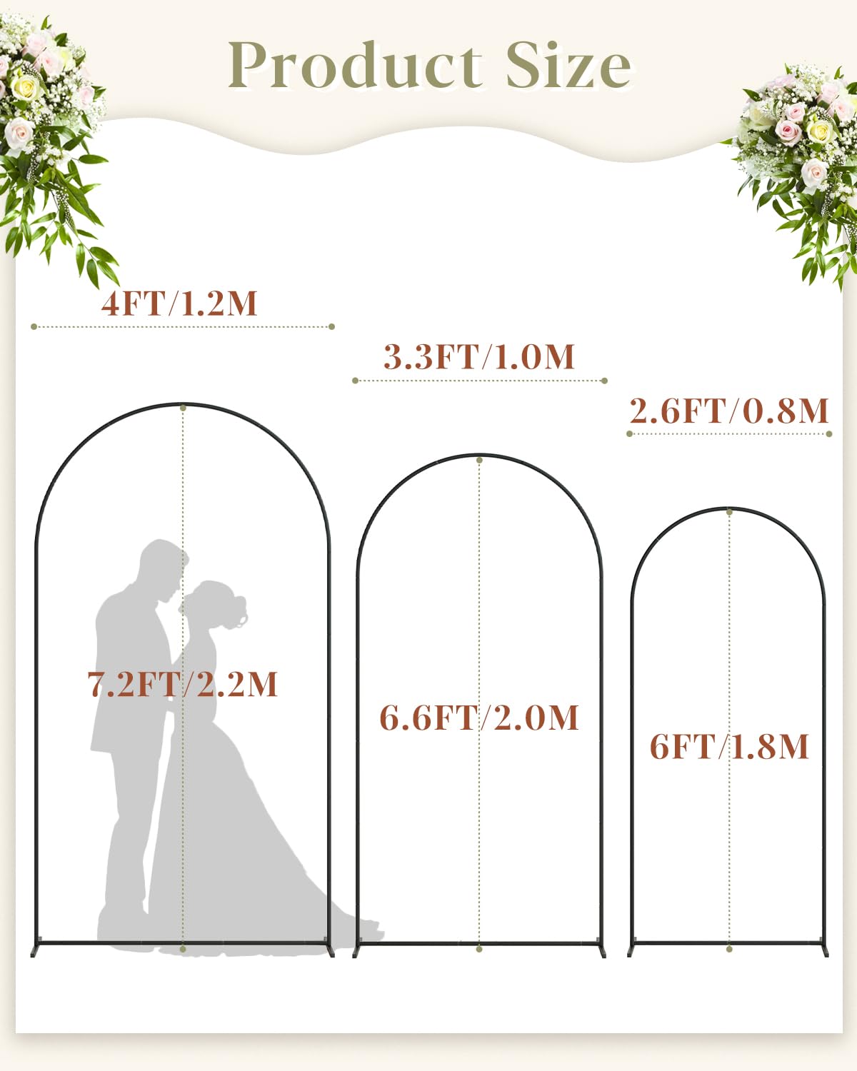 Wedding Arch, Metal Arch Backdrop Stand, Black, 7.2FT, 6.6FT, 6FT