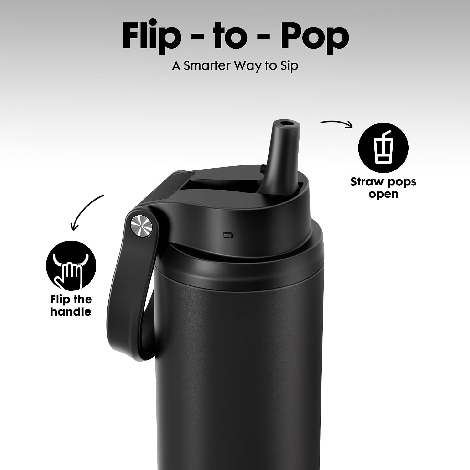 24 oz Insulated Water Bottle: Flip-to-Pop Straw, Leak Proof, 24H Cold, Fits in Car Cup Holder, Wide Mouth, BPA-Free