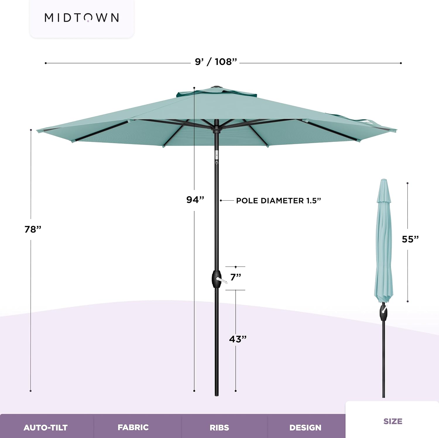 10-Year-No-Fade 9 Ft Patio Umbrella with Terylast Fabric, Auto-Tilt Aluminum Frame and 8 Reinforced Ribs for Deck