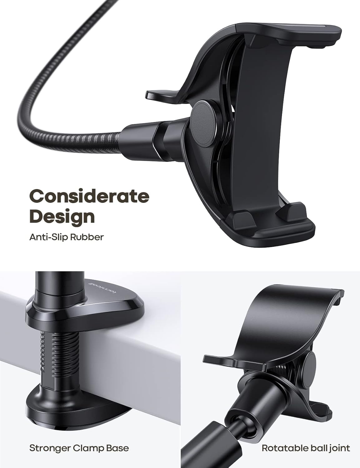Gooseneck Phone Holder Bed - [Nylon Braided] Flexible Arm, 38inch Overall Length, 360 Adjustable Clamp Clip, Overhead