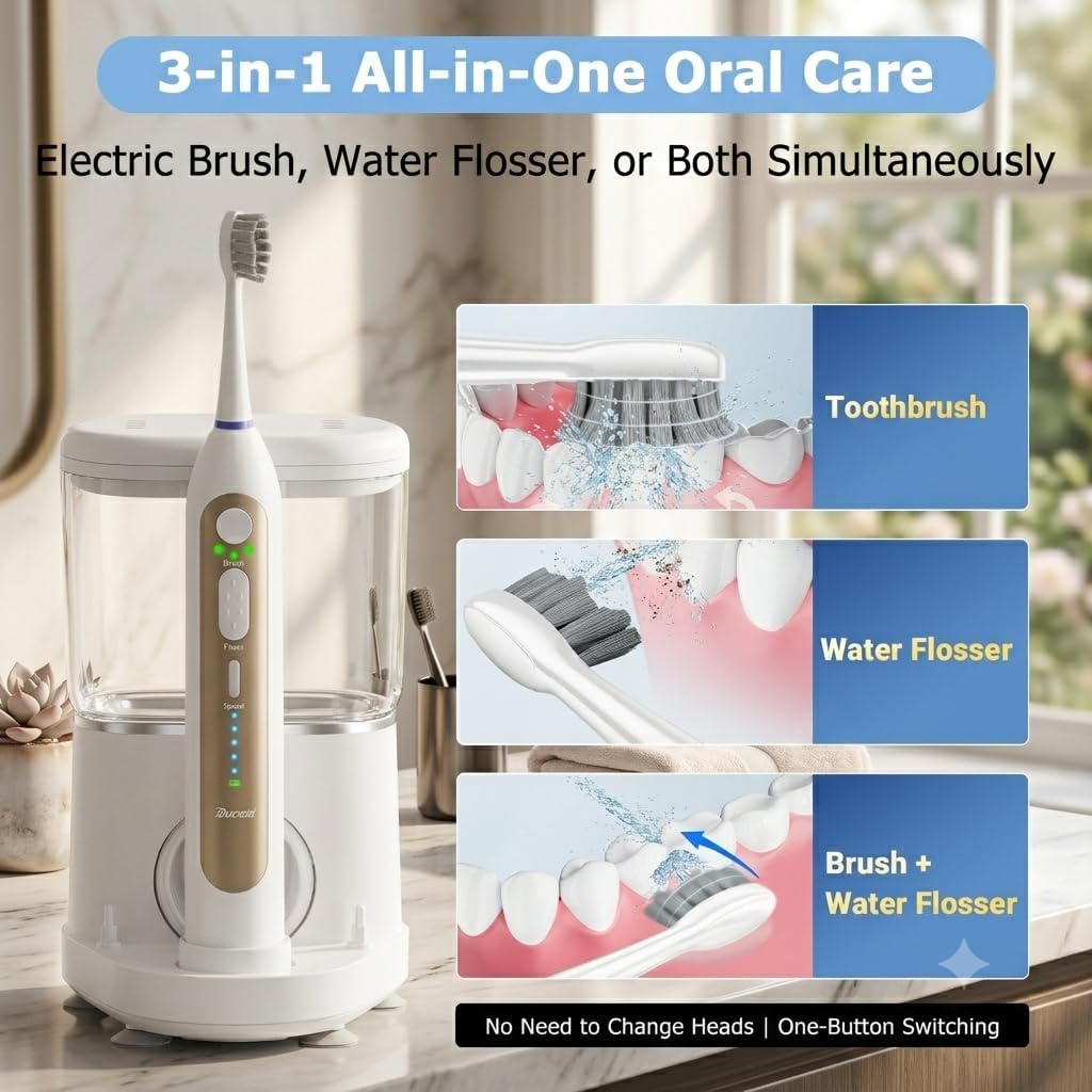 3-in-1 Electric Toothbrush with Water Flosser, Upgraded Flossing Toothbrush with 5 Speeds & 3 Modes, 30 Days/Charge