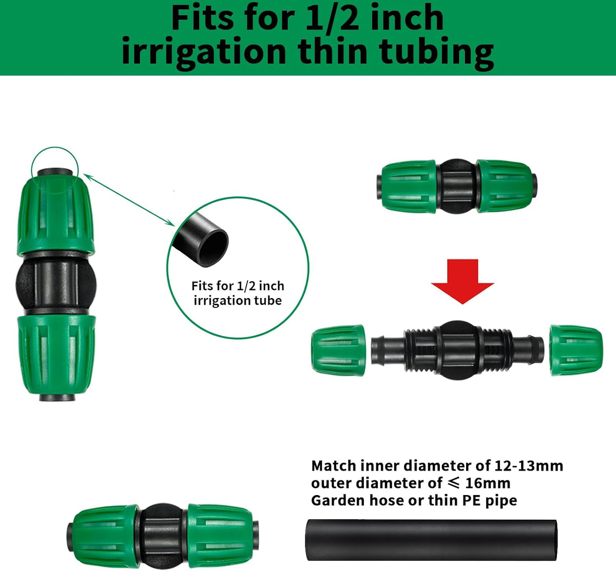 15 Pack 1/2 Inch Irrigation Tubing Couplers, Barbed Connectors Compatible with 1/2" ID 0.60-0.65" OD Thin-Wall Drip Line, Anti-Leak Lock Nut Fittings for Greenhouse, Lawn & Raised Bed Watering