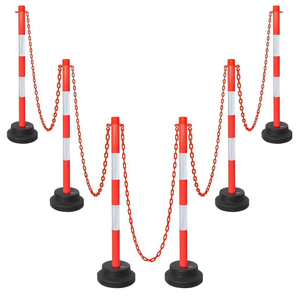Traffic Delineator Posts with Weighted Base & Reflective Collar, 35'' Red Safety Stanchions Cones with 5FT Plastic S