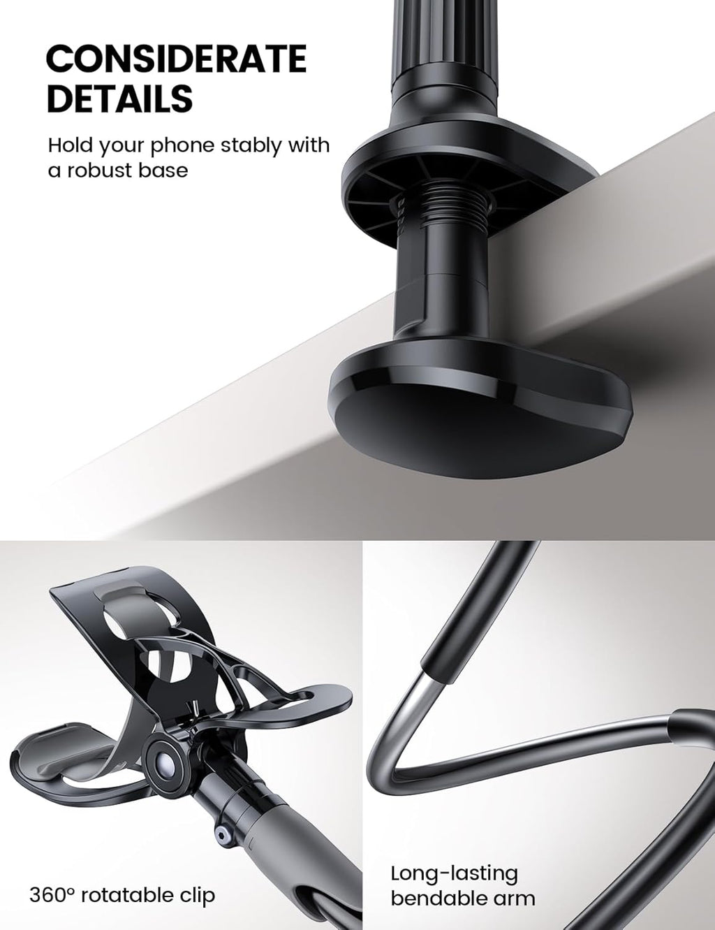 Gooseneck Phone Holder for Bed - Cell Phone Mount Clamp Clip, Flexible Long Arm, Overhead Mount for Desk Headboard
