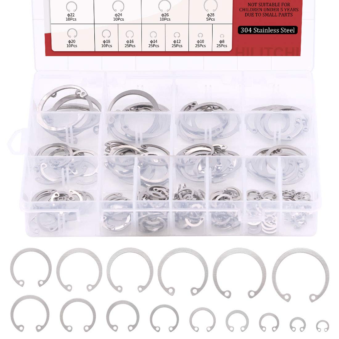 Hilitchi 200Pcs 15Sizes 304 Stainless Steel Internal Snap Ring Circlip Snap Retaining Clip Ring Assortment Set