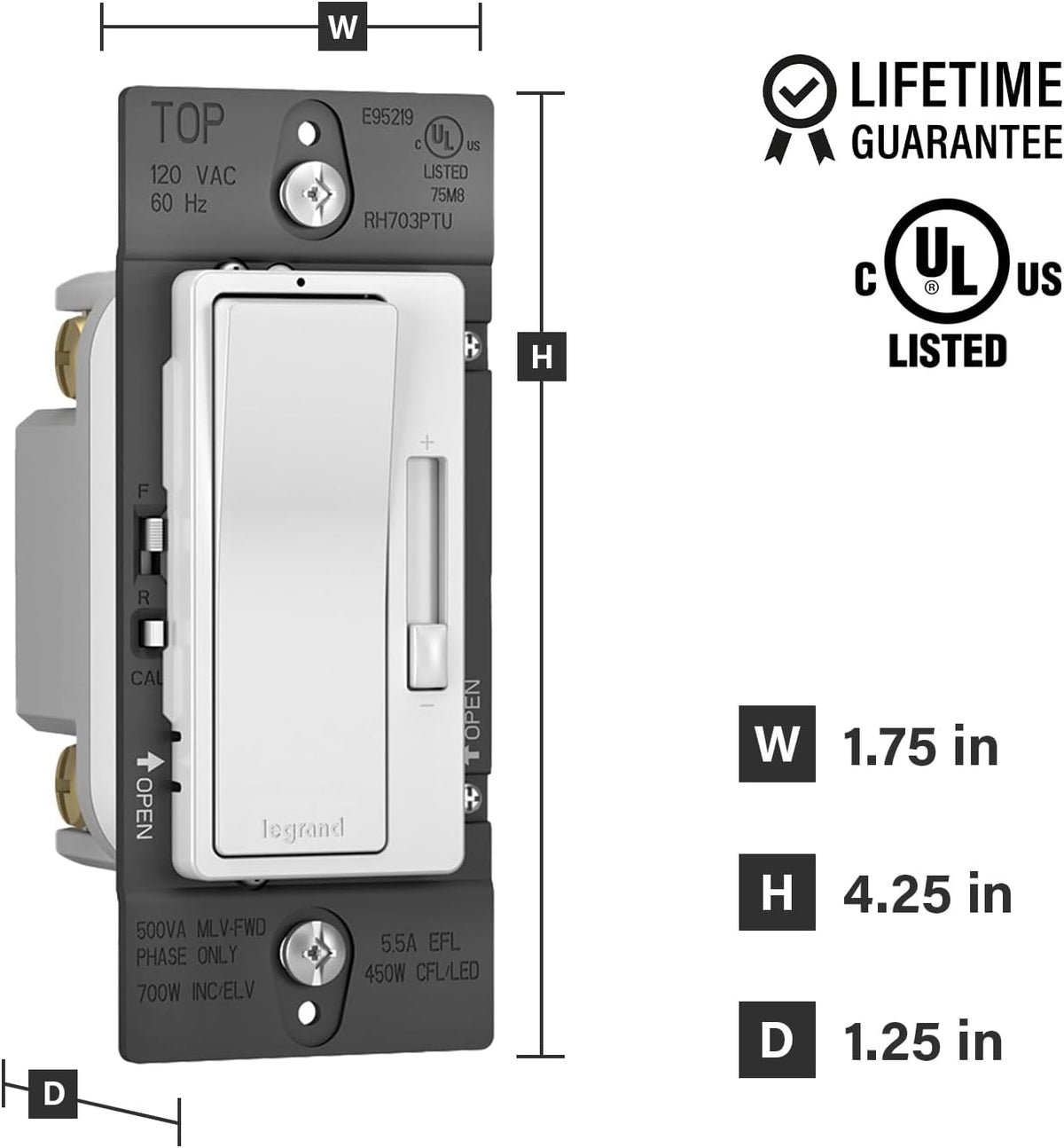 Legrand Pass & Seymour Radiant LED Dimmer Light Switch, Single Pole with Locator, For Home Lighting Control, Interchangeable Faceplate White/Ivory/Light Almond, RH703PTUTCCCV4, 1 Count