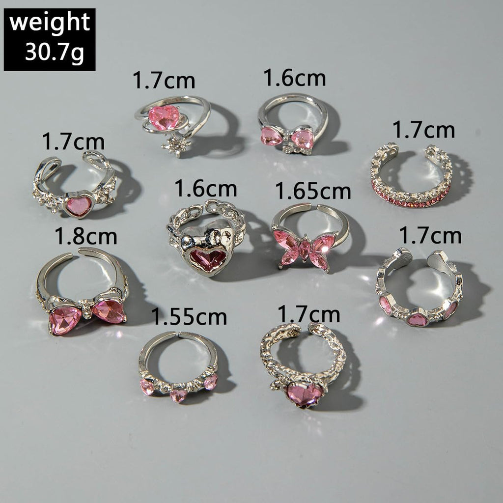 Gold Rings Sets for Women Pink Rhinestone Crystal Ring Heart Butterfly Bowknot Knuckle Joint Rings Set Vintage Boho