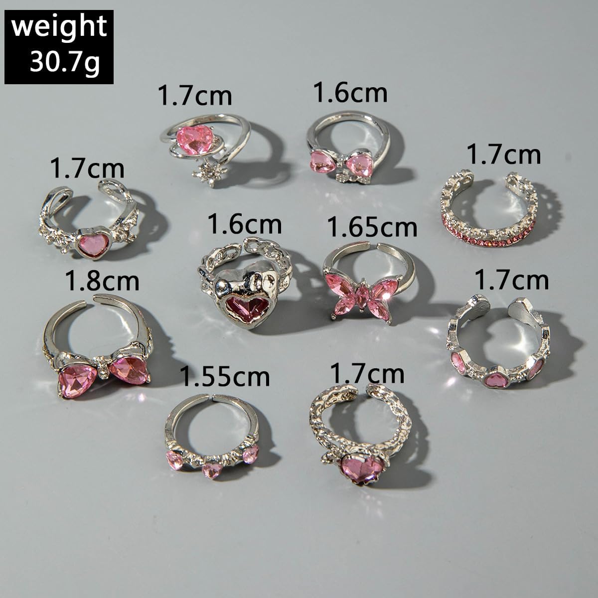 Gold Rings Sets for Women Pink Rhinestone Crystal Ring Heart Butterfly Bowknot Knuckle Joint Rings Set Vintage Boho