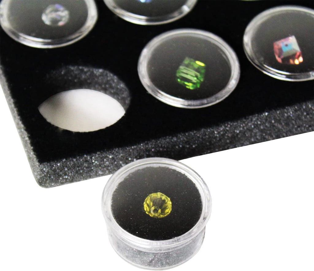 Glass Top Black Jewelry Display Case Box 50 Gem Jars | Black glass-top jewelry case with 50 gem jars keeps gemstones