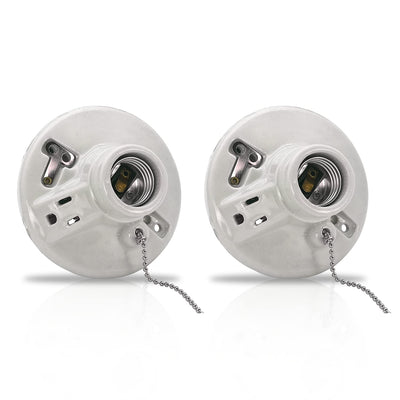 ero 612431 【Pack of 2】 Dual Lampholder 125 Volt Porcelain Pull Chain Light Fixture, Lampholder with Outlet in White