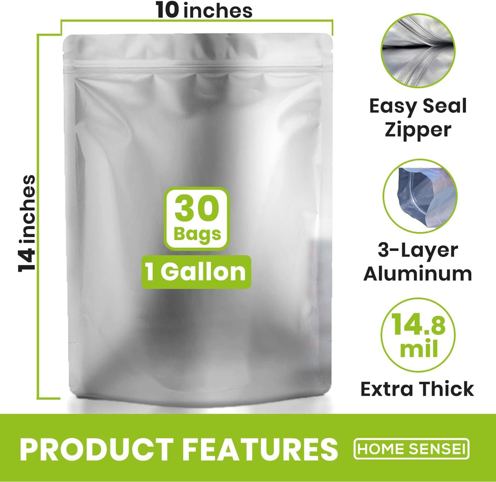 30 Mylar Bags for Food Storage 1 Gallon - Extra Thick 15 Mil - Long Term & Food Grade - Mylar Bags with Oxygen