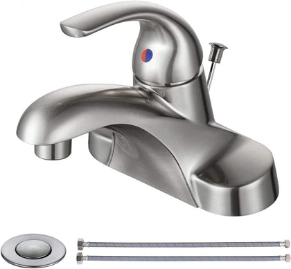 Bathroom Faucet 1 Handle Low Arc Single Handle 4 inch Centerset Bathroom Sink Faucet with Pop Up Drain Assembly Basin