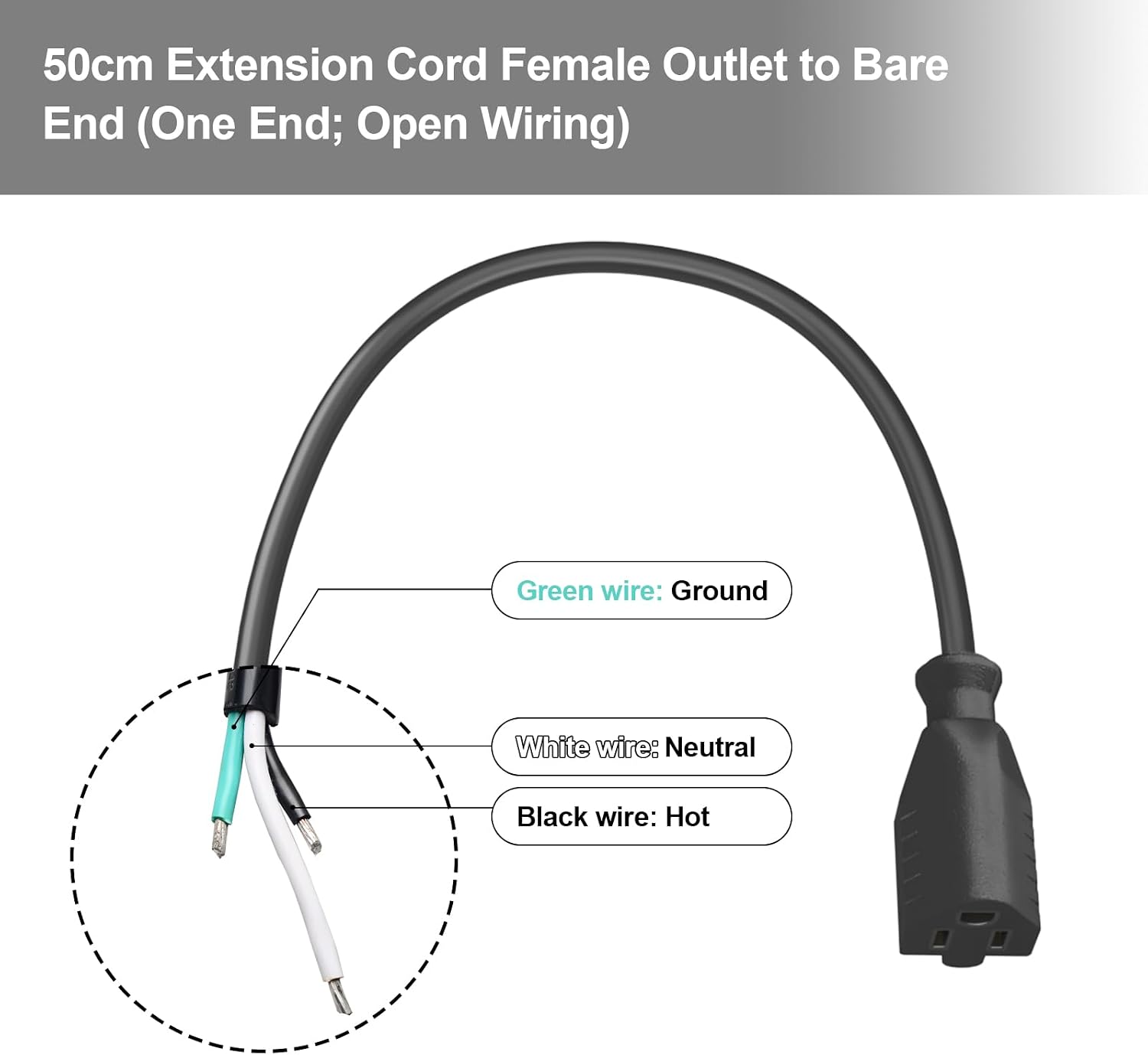 50cm Female Connector Extension Cord 125V 15A 2-Pole 3-Wire Female Straight Blade Outlet with AWG14 Cable, Includes 5