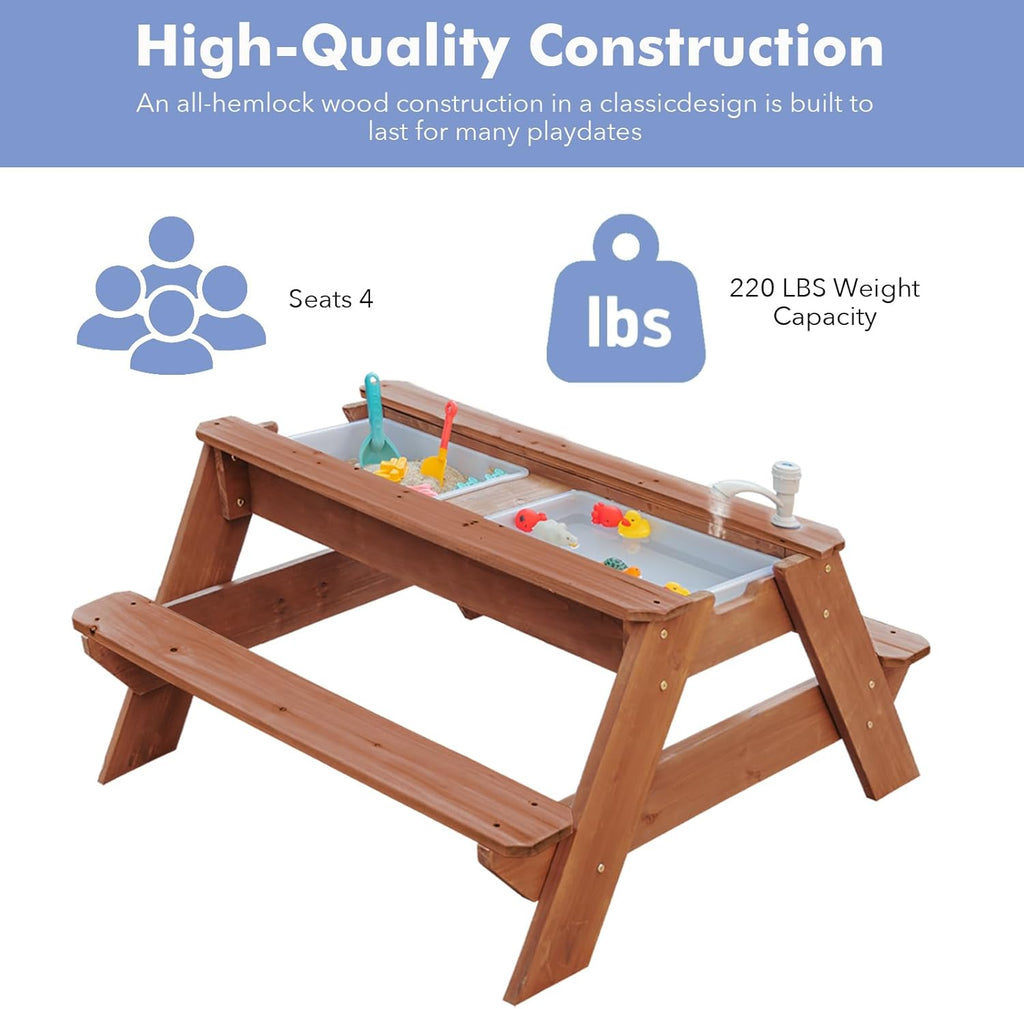 Kids 3-in-1 Sand & Water Table, Wood Outdoor Convertible Picnic Table w/Umbrella, 2 Trays, Removable Top with Faucet
