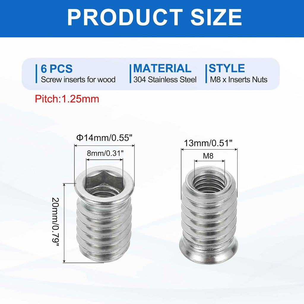 MECCANIXITY 6Pcs Threaded Inserts Nuts, M8x20mm Hex Socket Drive Nut Inserts for Wood - 304 Stainless Steel Screws Furniture Screw in Nuts Bolt Fastener Connector Wood
