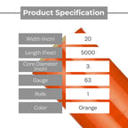 Orange Machine Stretch Wrap, 1 Pack, 20" x 5000 Feet, Dark/Opaque Color Plastic Cling Designed for Pallet Machine