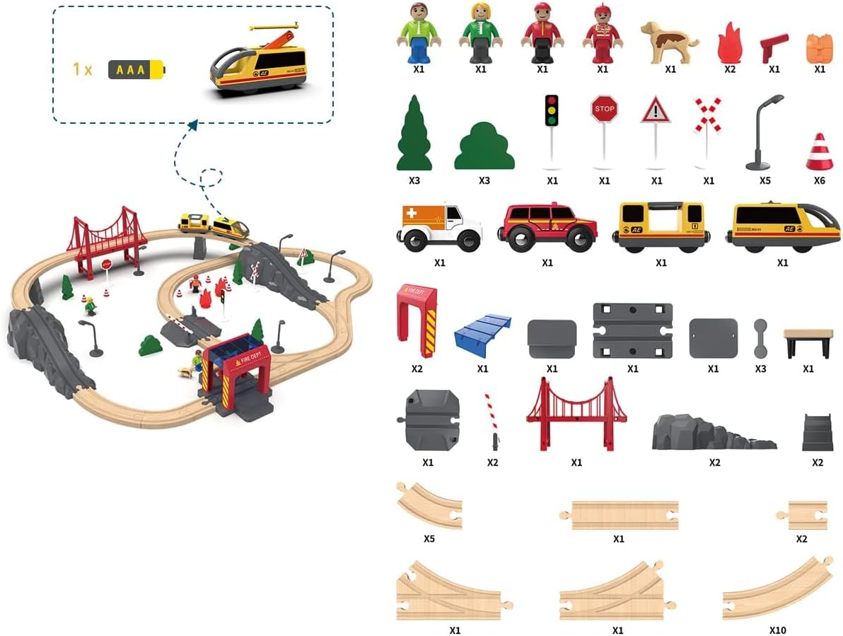 72PCS Fire Station Wooden Train Track Electric Train Set, Gift Packed Toy Railway Kits for Kids, Toddler Boys and