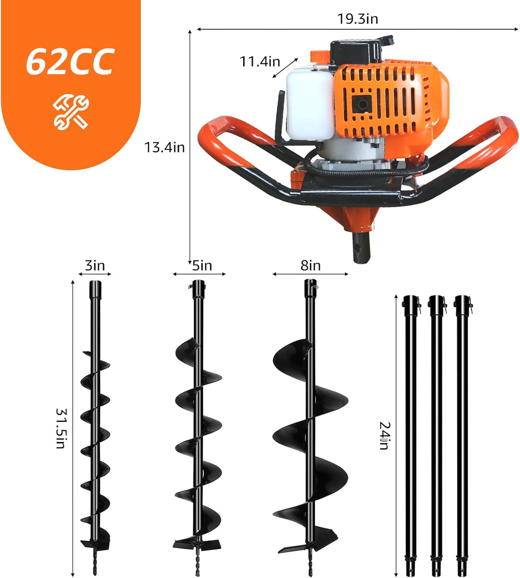 62CC 2-Stroke Gas Powered Post Hole Digger with 3" & 5" & 8" Auger Bits + 24“ & 24" & 24" Extension Rod, Heavy Duty