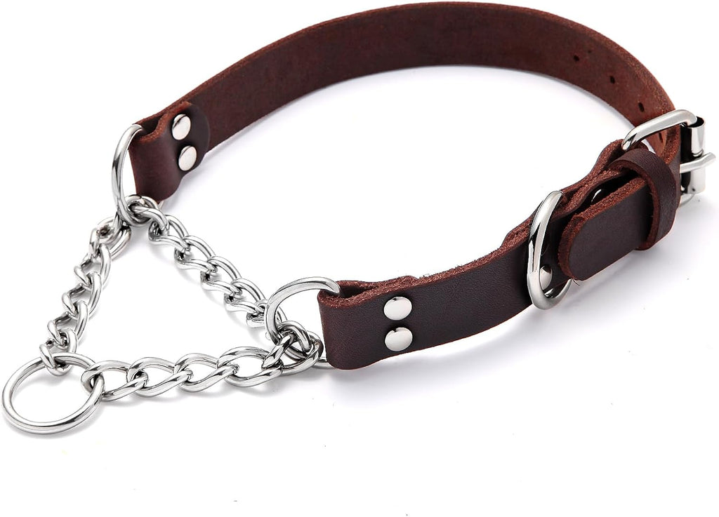Leather Martingale Dog Collar, Genuine & Stainless Steel Chain Martingale Collar No-Pull Adjustable Anti-Slip