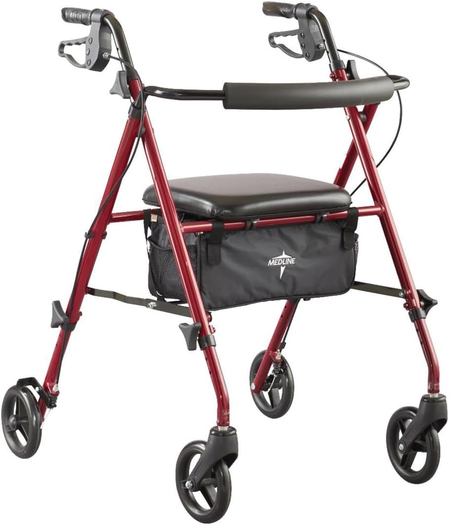 Superlight Folding Aluminum Mobility Rollator Walker, Red, 250 lb. Weight Capacity, 6" Wheels, Adjustable Arms and