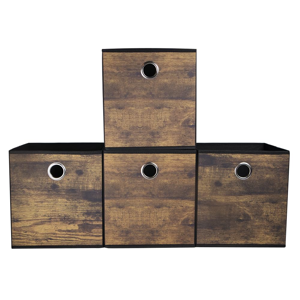 4 Pack Durable Storage Cube Bins with Wood Grain,Thickened Fabric Box,Storage Baskets for Open