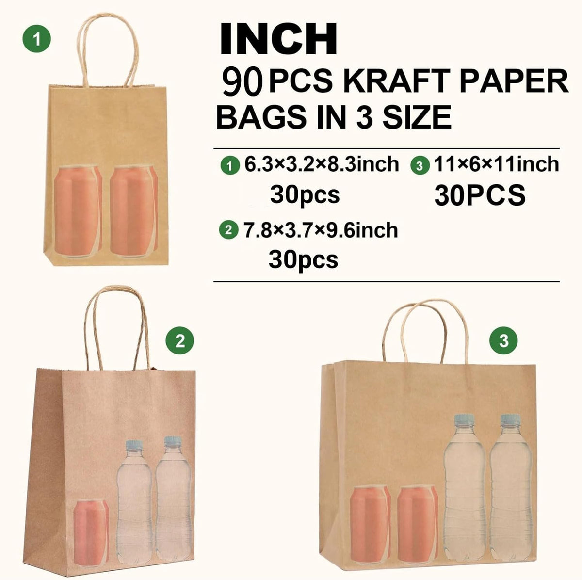 Kraft Brown Paper Gift Bags with Handles Assorted 3 Sizes 90 Pack
