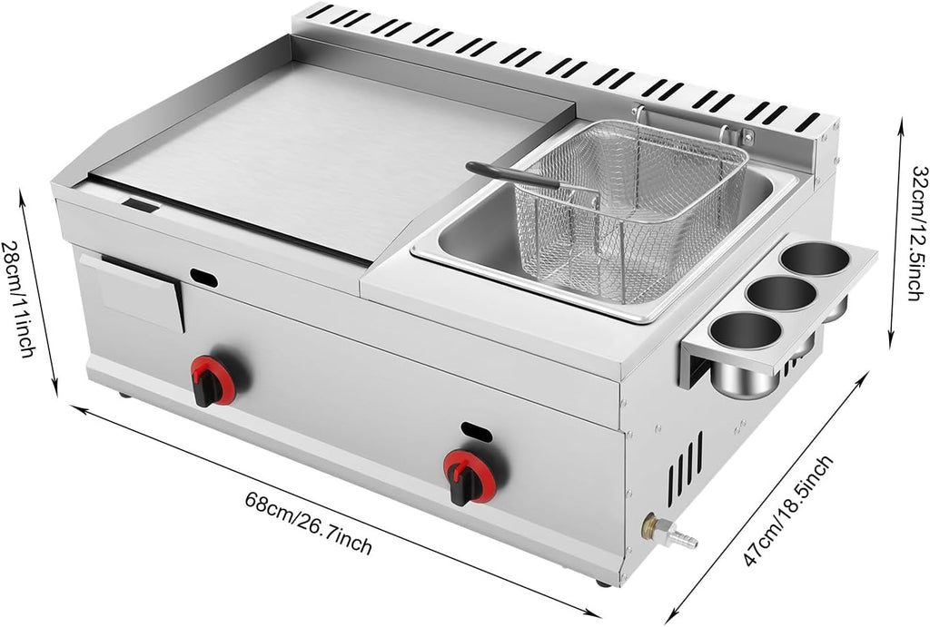 Propane Deep Fryer & Flat Top Grill Griddle, Commercial 2 Burner Fryer