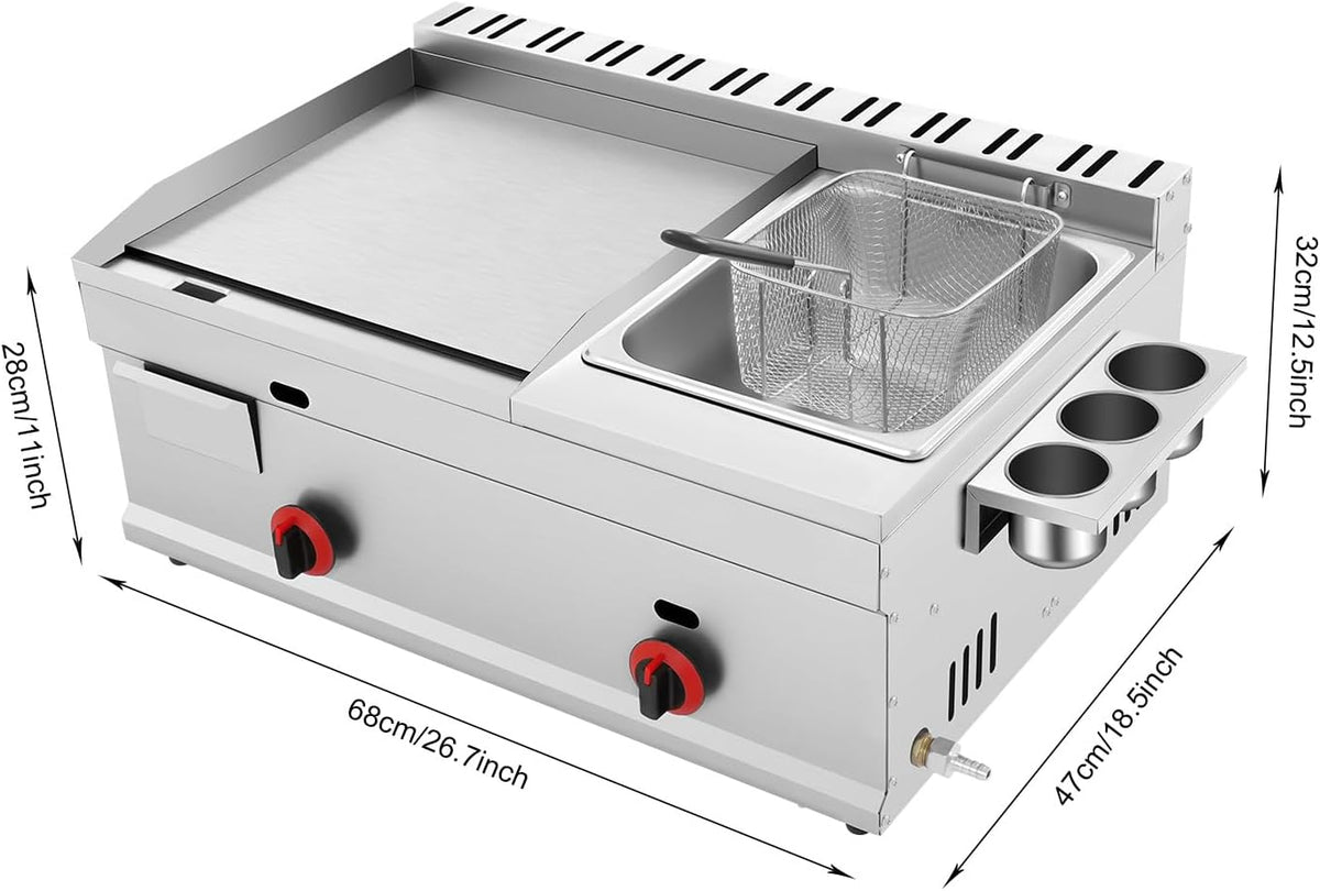 Propane Deep Fryer & Flat Top Grill Griddle, Commercial 2 Burner Fryer