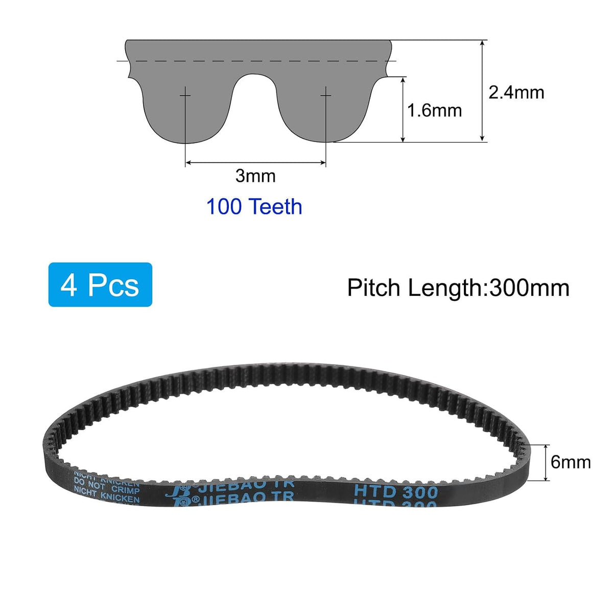 uxcell 4pcs HTD-3M Rubber Timing Belt 100 Teeth,300mm L x 6mm Wd x 2.4mm H