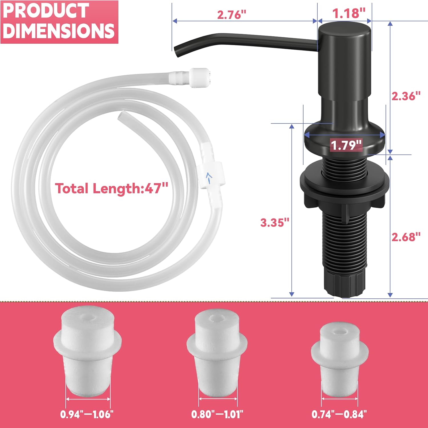 Sink Soap Dispenser, OHiHi Kitchen Sink Soap Dispenser with 47" Extension Tube, Wide Pump Head Base, No Water