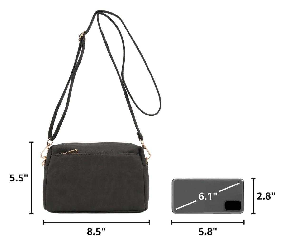 Triple Zip Small Crossbody Bag (Dark Gray)