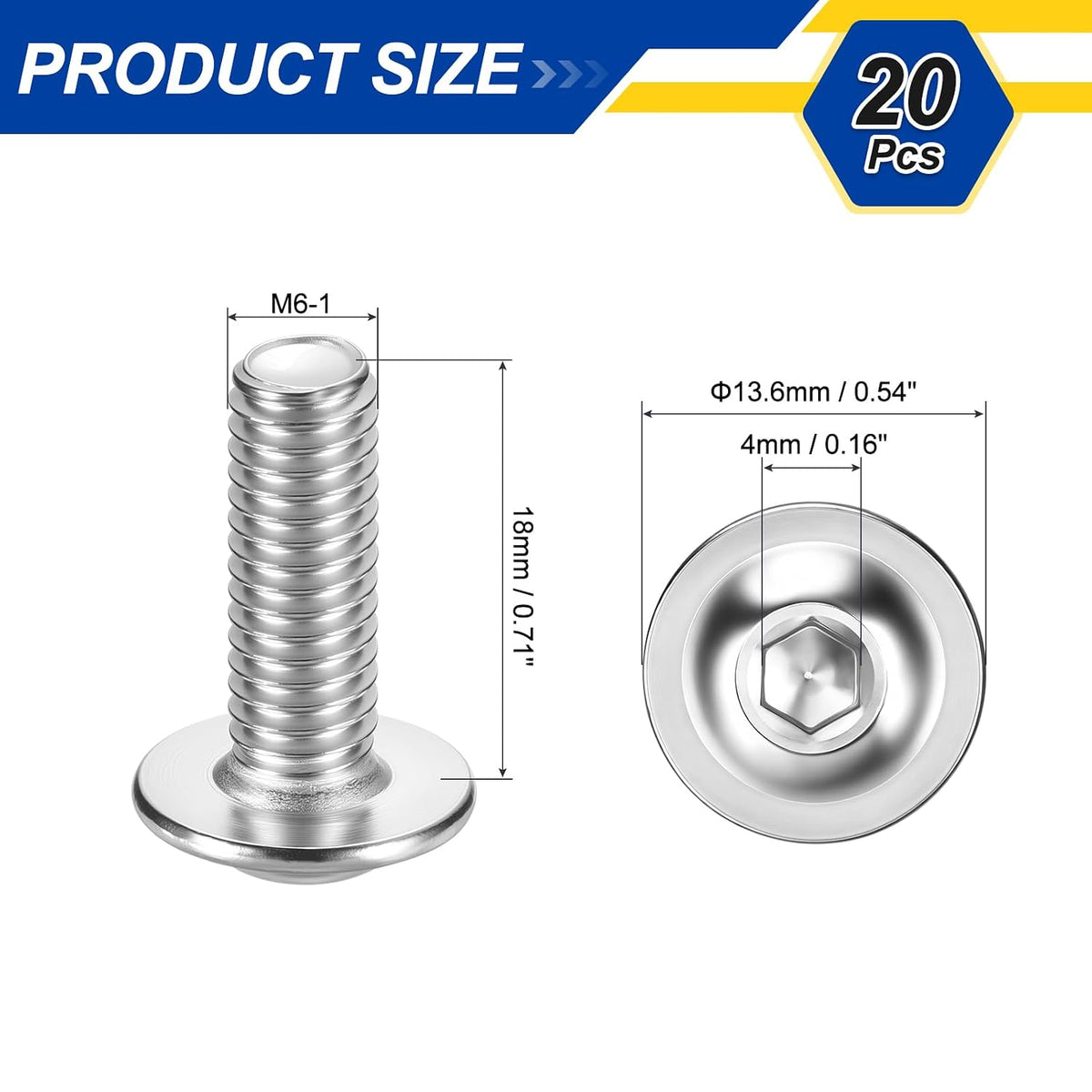 20pcs M6-1x18mm 304SS Flanged Button Head Socket Cap Screws
