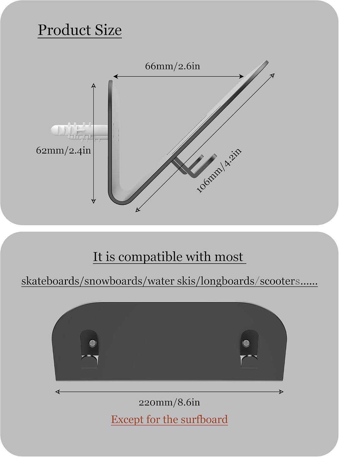 Wall Mount Holder for Skateboard/Snowboard/Longboard, Skate Deck Wall Mount Fit for Scooters/Skis Wall Hanger