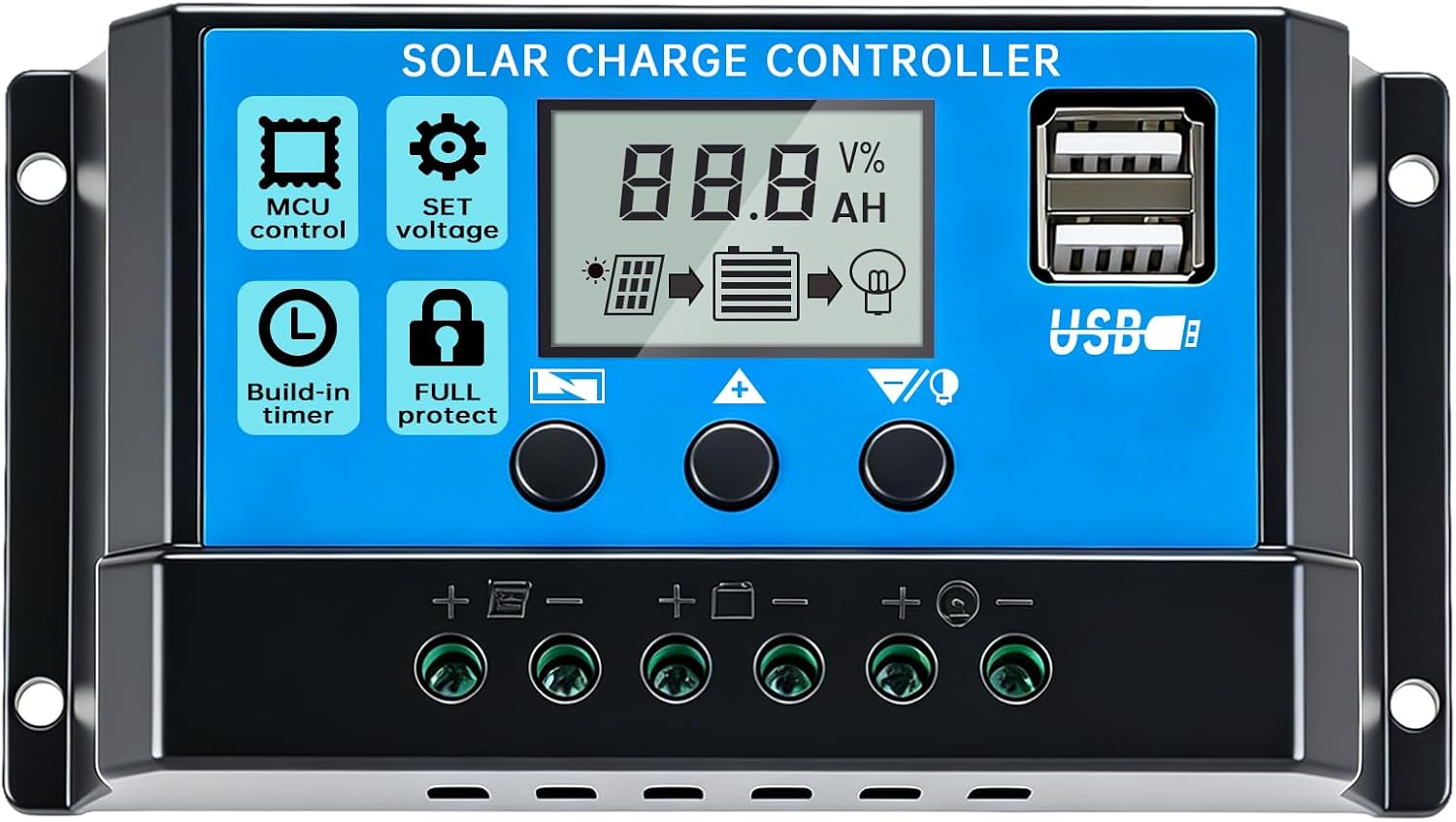 10A 12V/24V PWM Solar Charge Controller LCD Display Dual USB Timer Function | Lead-Acid & Lithium Batteries | Solar