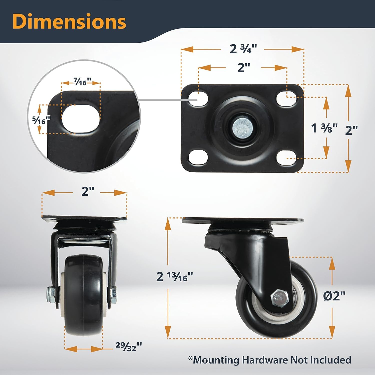 2" Caster Wheels Set of 4-2 Casters W/Dual Locking Break - Heavy Duty 350 lbs Capacity, 360° Swivel, Plate Mounted