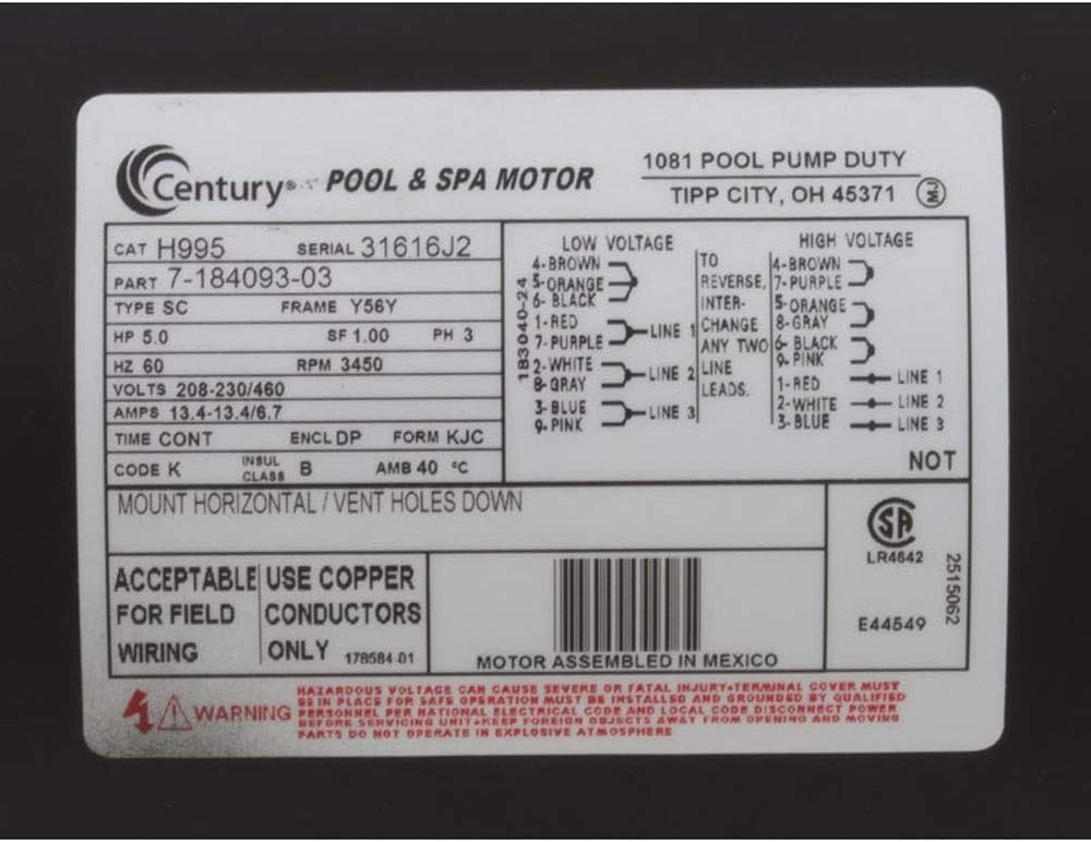 A. O. Smith Motor, Century, 5.0hp, 208-230v/460v, SQFL, 56Y Frame, 3 Phase, THD