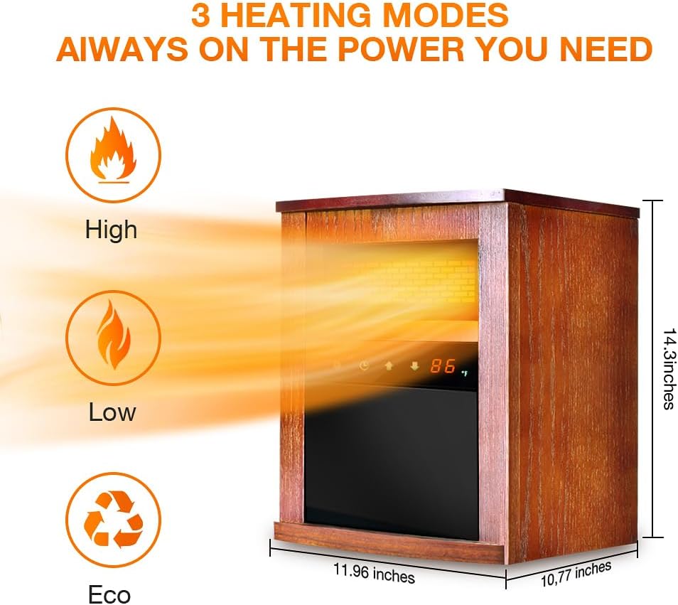 Electric Space Heater, 1500W Infrared Heater w/ 3 Heating Mode, Thermostat, Remote Control & 12h Timer, Small