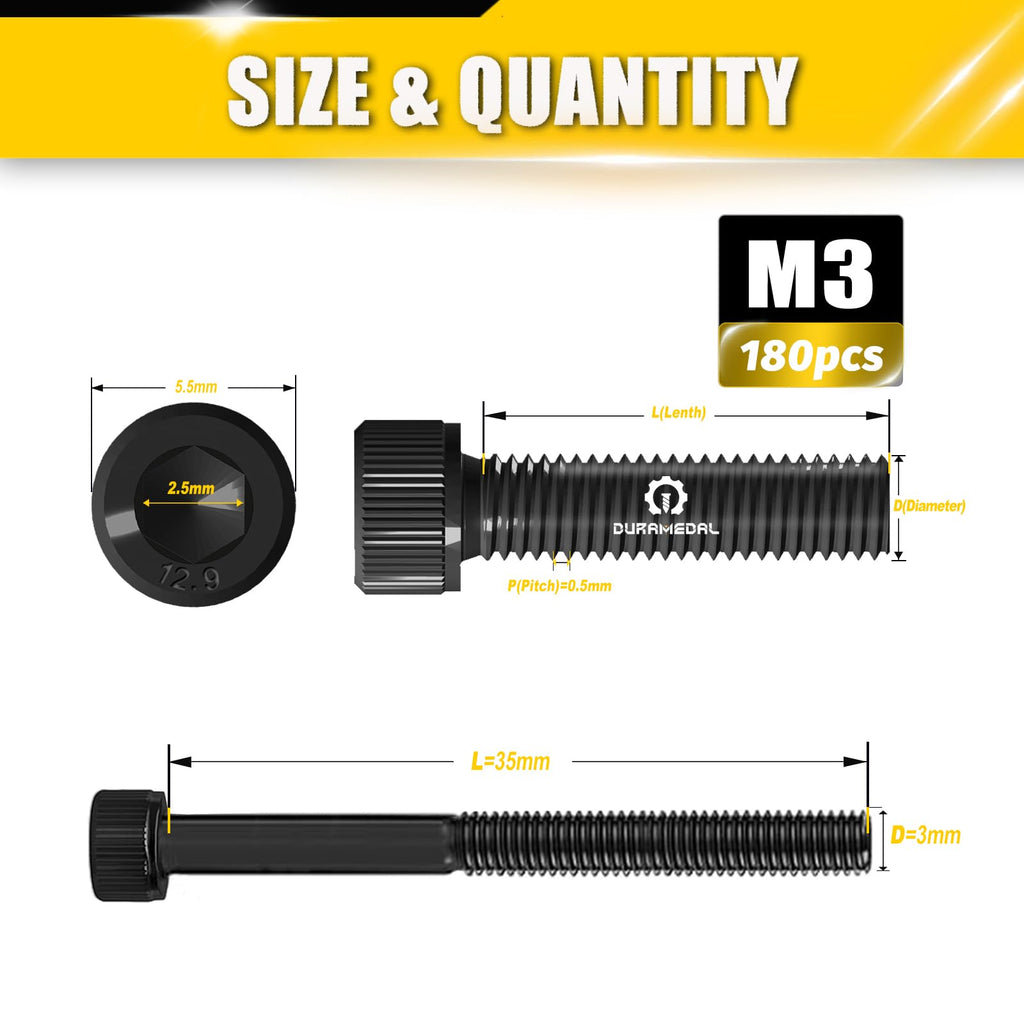 M3x35mm Screws 180pcs Hex Socket Cap 12.9 Steel Black Zinc Half Thread