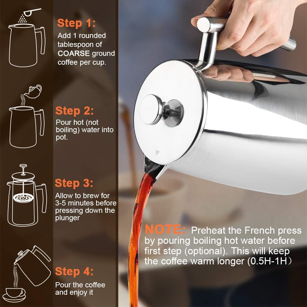 French Press Coffee Maker, 34-Ounce, 304 Stainless Steel Insulated Coffee Press with Extra Screen