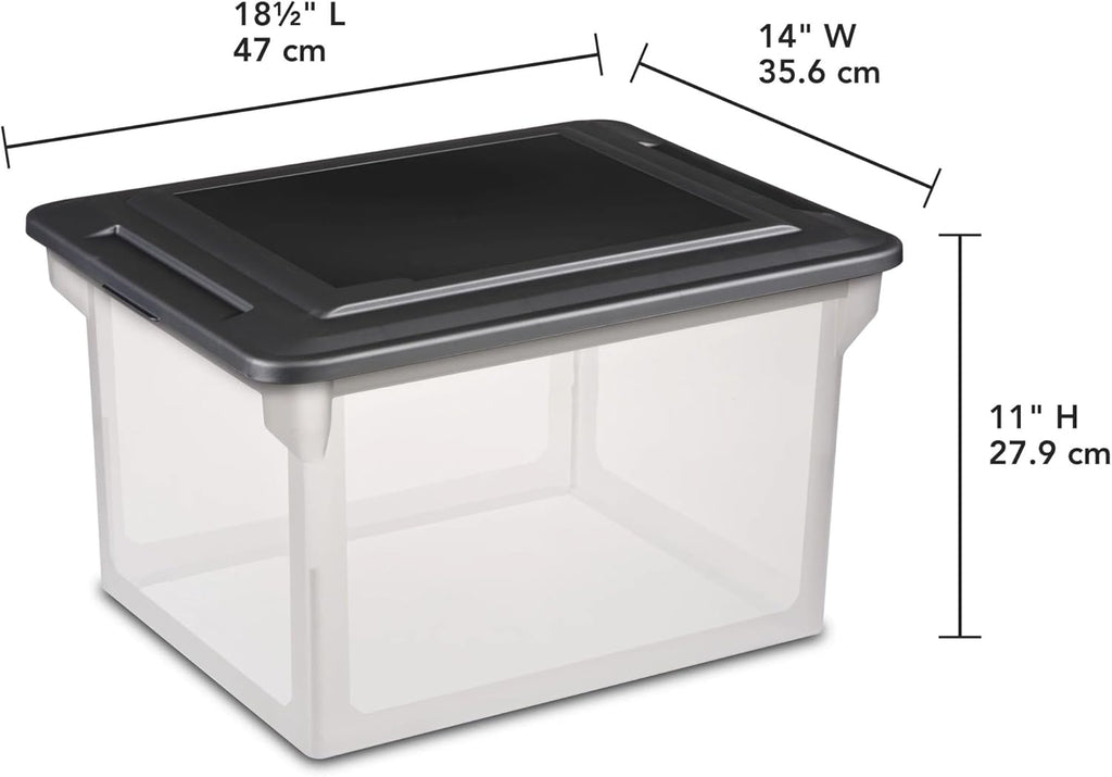 File Box, Clear Plastic Bin with Black Lid, Letter or Legal-Sized File Storage