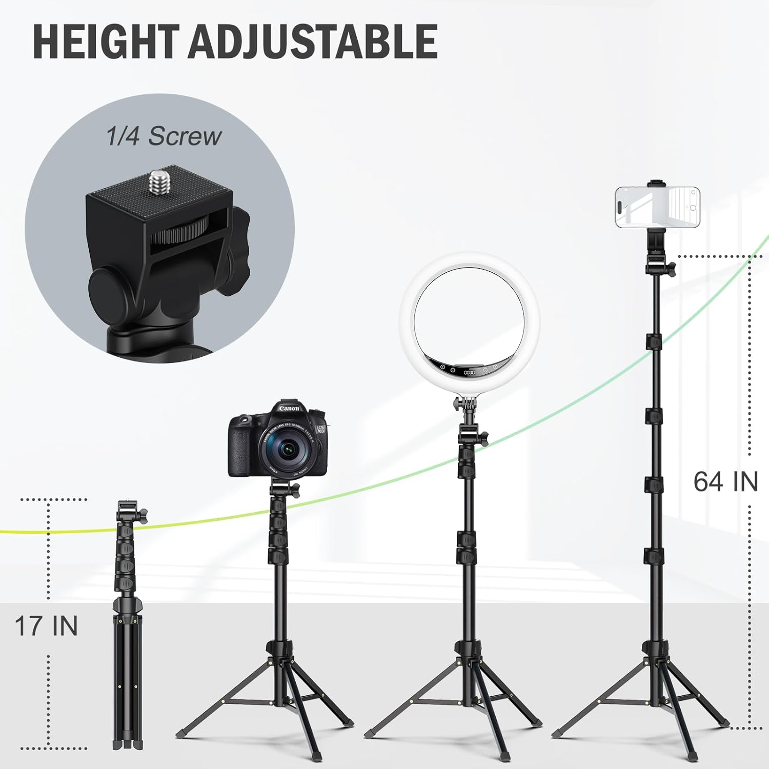 64” Tripod for Cell Phone & Camera, Phone Tripod with Remote and Phone Holder, Sturdy & Stable Height Adjustable