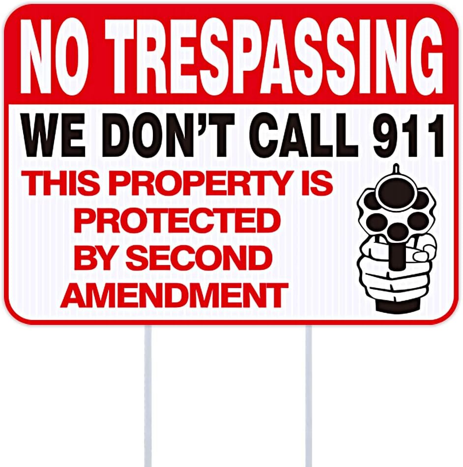 Funny No Trespassing Signs Private Property, 10''X14'' No Trespassing Yard Sign with Stakes, Safety & Privacy Gun