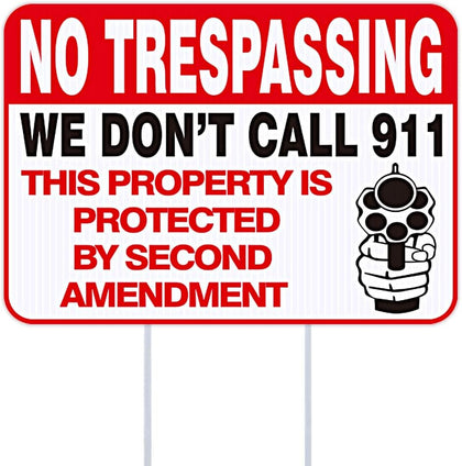 Funny No Trespassing Signs Private Property, 10''X14'' No Trespassing Yard Sign with Stakes, Safety & Privacy Gun