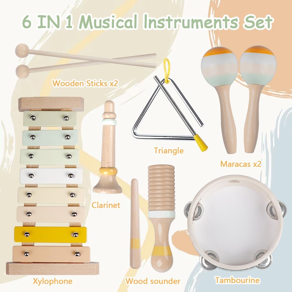 Baby Musical Instruments-Montessori Wooden Toys for Toddlers | Neutral Colors Percussion Instruments Set with Modern